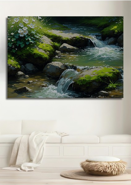 Sulu Boya Görünümlü Şelale ve Kır Çiçekleri Manzarası Dekoratif Ahşap Ev/işyeri/ofis Kare Tablo