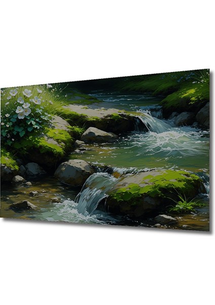 Sulu Boya Görünümlü Şelale ve Kır Çiçekleri Manzarası Dekoratif Ahşap Ev/işyeri/ofis Kare Tablo fiyatları
