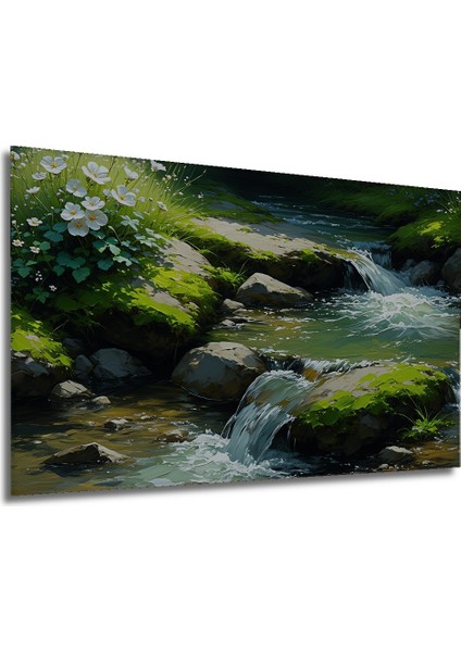 Sulu Boya Görünümlü Şelale ve Kır Çiçekleri Manzarası Dekoratif Ahşap Ev/işyeri/ofis Kare Tablo modelleri