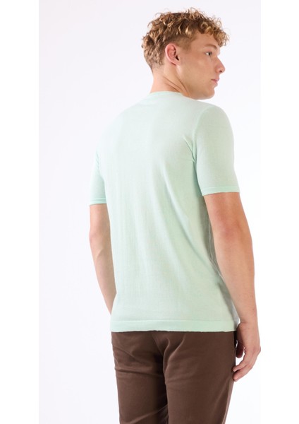Su Yeşili Erkek Slim Fit Düz Düğmeli O Yaka Triko
