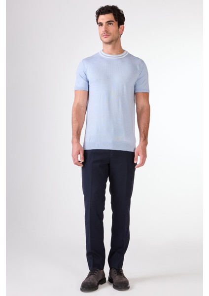 Buz Mavisi O Yaka Düz Renk Kısa Kollu Slim Fit Triko Tshirt