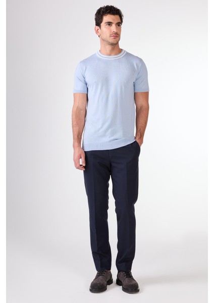 Buz Mavisi O Yaka Düz Renk Kısa Kollu Slim Fit Triko Tshirt fiyatları