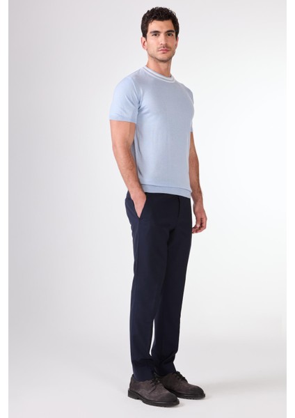 Buz Mavisi O Yaka Düz Renk Kısa Kollu Slim Fit Triko Tshirt modelleri