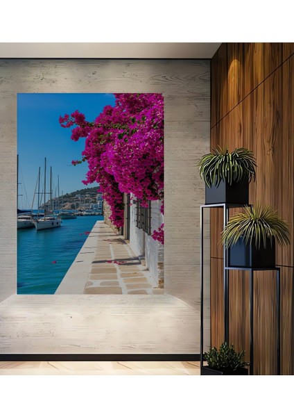 Ege Sahili Begonvil Rüyası Yağlı Boya Görünümlü Dekoratif Ahşap Ev/işyeri/ofis Kare Tablo