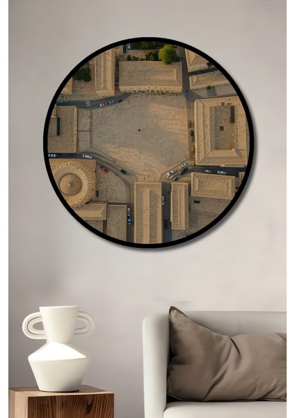 Çerçeve Görünümlü Kuşbakışı Tarihi Kent Meydanı Yağlı Boya Görünümlü Ahşap Ofis Yuvarlak Tablo