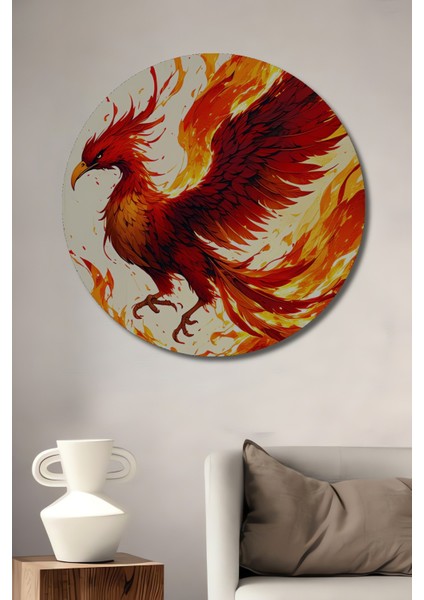Alevli Phoenix Yağlı Boya Görünümlü Dekoratif Ahşap Ev/işyeri/ofis Yuvarlak Tablo
