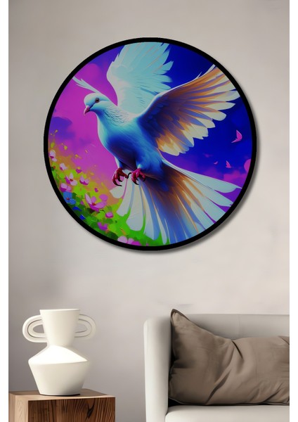 Çerçeve Görünümlü Uçan Güvercin Yağlı Boya Görünümlü Dekoratif Ahşap Ev/işyeri/ofis Yuvarlak Tablo