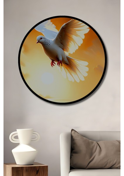 Çerçeve Görünümlü Altın Kanatlı Güvercin Yağlı Boya Görünümlü Ofis Dekoratif Ahşap Yuvarlak Tablo