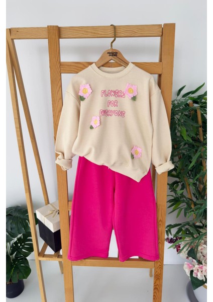 Çiçek Örgü Detaylı Flower Baskı Kız Çocuk 2 li takım - Fuşya