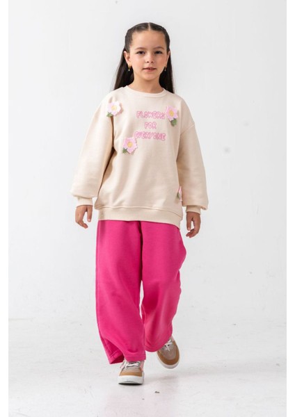 Çiçek Örgü Detaylı Flower Baskı Kız Çocuk 2 li takım - Fuşya fiyatları