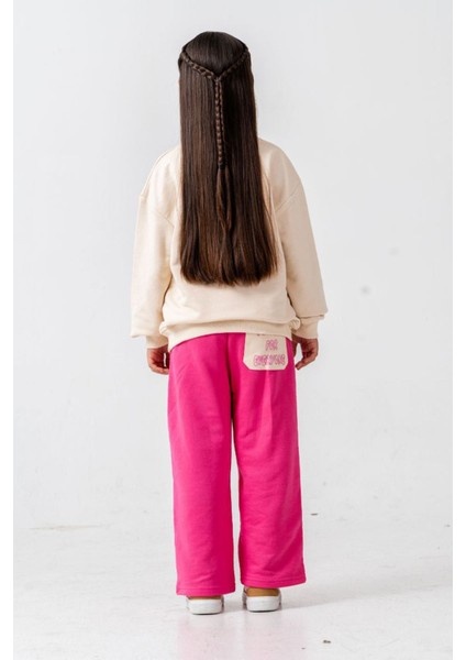 Çiçek Örgü Detaylı Flower Baskı Kız Çocuk 2 li takım - Fuşya modelleri