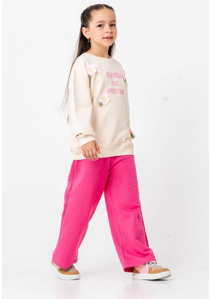 Çiçek Örgü Detaylı Flower Baskı Kız Çocuk 2 li takım - Fuşya fırsatları