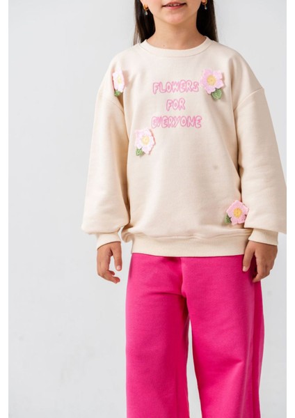 Çiçek Örgü Detaylı Flower Baskı Kız Çocuk 2 li takım - Fuşya indirimleri