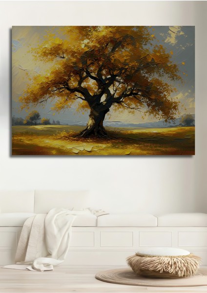 Altın Sonbahar Ağacı Yağlı Boya Görünümlü Ev/işyeri/ofis Dekoratif Ahşap Kare Tablo