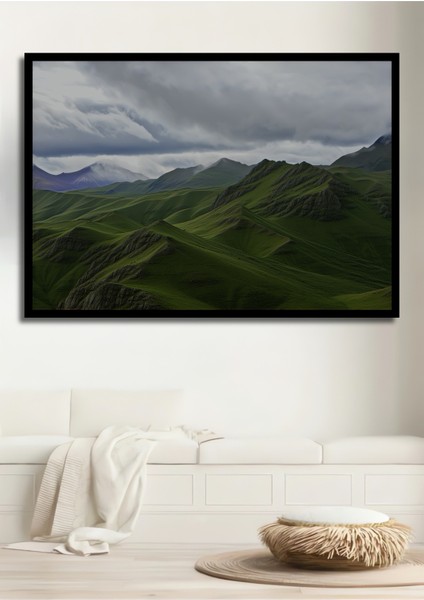 Çerçeve Görünümlü Yeşil Tepe Rüyası Yağlı Boya Görünümlü Dekoratif Ahşap Ev/işyeri/ofis Kare Tablo