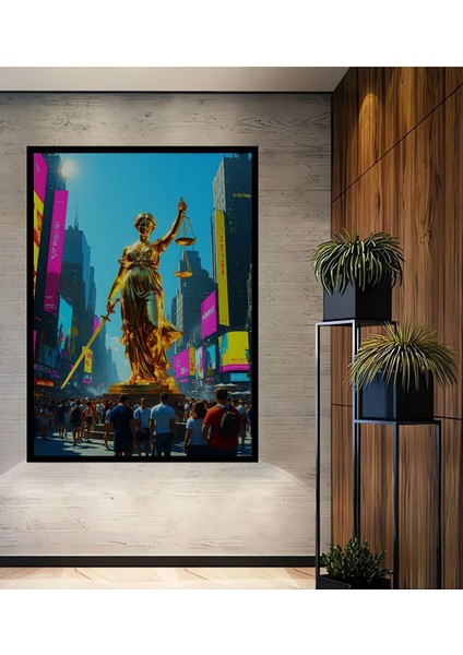 Çerçeve Görünümlü Adalet Tanrıçası Times Meydanı Yağlı Boya Görünümlü Ahşap Ofis Kare Tablo