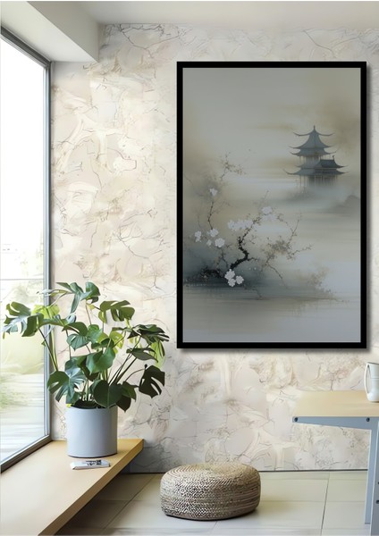 Çerçeve Görünümlü Sakura Çiçekleri ve Pagoda Sulu Boya Görünümlü Ahşap Ofis Kare Tablo