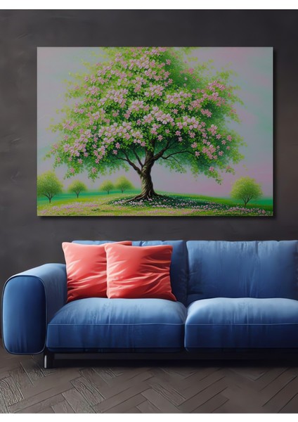 Pembe Çiçek Açan Ağaç Yağlı Boya Görünümlü Dekoratif Ahşap Ev/işyeri/ofis Kare Tablo