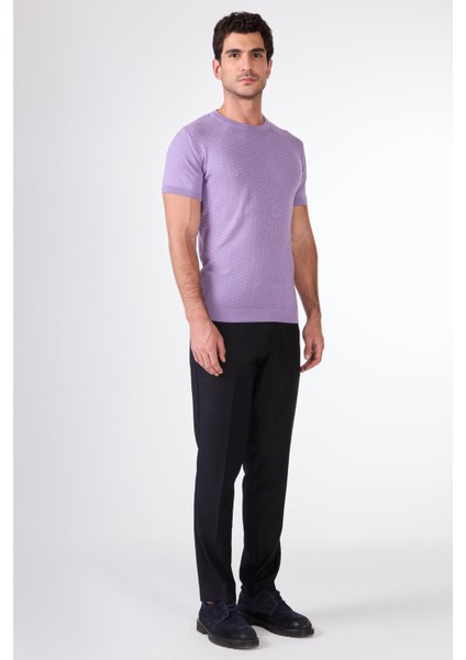 Açık Mor O Yaka Düz Renk Kısa Kollu Slim Fit Triko Tshirt fiyatları