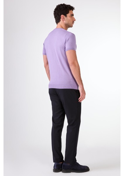 Açık Mor O Yaka Düz Renk Kısa Kollu Slim Fit Triko Tshirt fırsatları