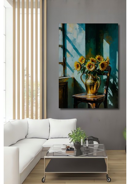 Altın Vazo Içinde Ayçiçekleri Yağlı Boya Görünümlü Dekoratif Ahşap Ev/işyeri/ofis Kare Tablo