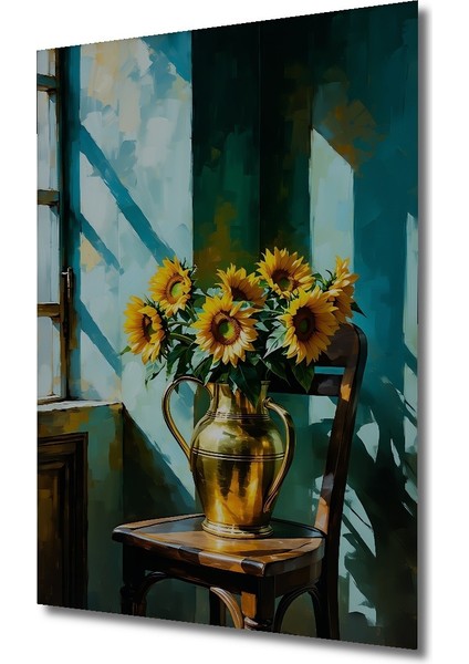 Altın Vazo Içinde Ayçiçekleri Yağlı Boya Görünümlü Dekoratif Ahşap Ev/işyeri/ofis Kare Tablo fiyatları