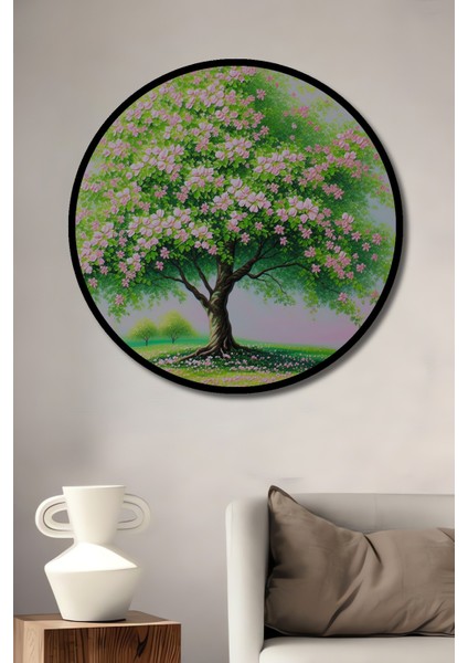 Çerçeve Görünümlü Pembe Çiçek Açan Ağaç Yağlı Boya Görünümlü Dekoratif Ahşap Ofis Yuvarlak Tablo