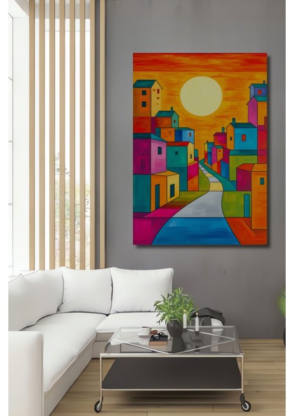 Renkli Evler Modern Sanat Yağlı Boya Görünümlü Dekoratif Ahşap Ev/işyeri/ofis Kare Tablo