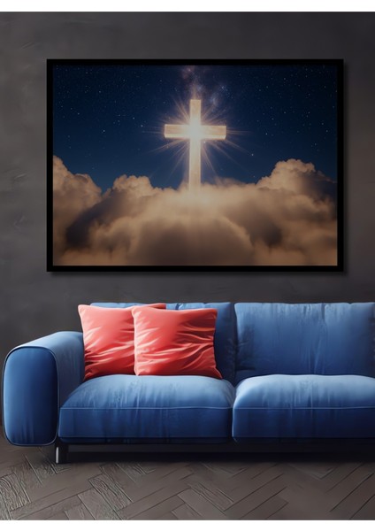 Çerçeve Görünümlü Işıltılı Haç Bulutlar ve Yıldızlar Yağlı Boya Görünümlü Ofis Ahşap Kare Tablo