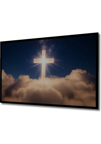 Çerçeve Görünümlü Işıltılı Haç Bulutlar ve Yıldızlar Yağlı Boya Görünümlü Ofis Ahşap Kare Tablo fiyatları