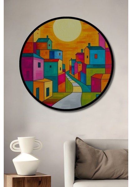 Çerçeve Görünümlü Renkli Evler Modern Sanat Yağlı Boya Görünümlü Ahşap Ofis Yuvarlak Tablo