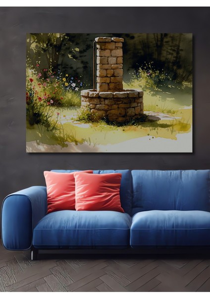 Taş Kuyu Sulu Boya Görünümlü Bahar Rüyası Dekoratif Ahşap Ev/işyeri/ofis Kare Tablo