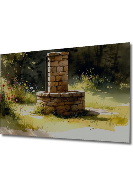 Taş Kuyu Sulu Boya Görünümlü Bahar Rüyası Dekoratif Ahşap Ev/işyeri/ofis Kare Tablo fiyatları