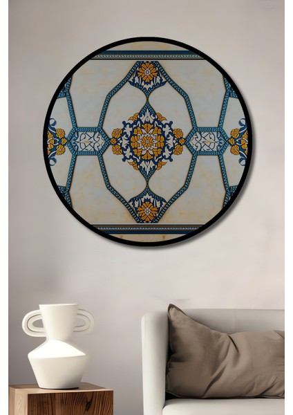 Çerçeve Görünümlü Osmanlı Çiçek Bahçesi Yağlı Boya Görünümlü Dekoratif Ahşap Ofis Yuvarlak Tablo