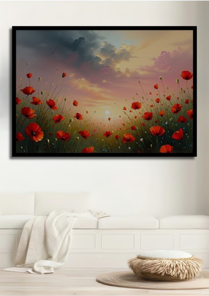 Çerçeve Görünümlü Yağlı Boya Görünümlü Gelincik Tarlası Gün Batımı Ofis Dekoratif Ahşap Kare Tablo