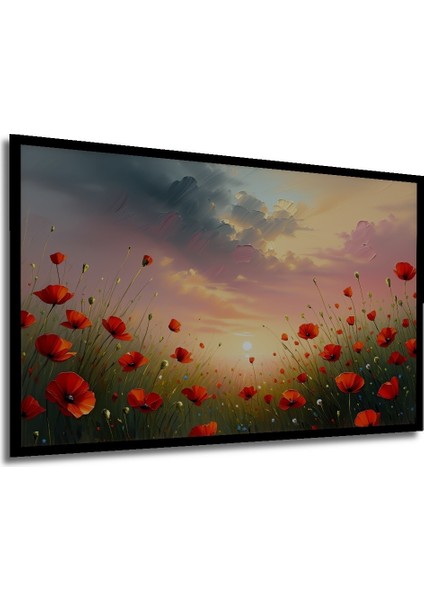 Çerçeve Görünümlü Yağlı Boya Görünümlü Gelincik Tarlası Gün Batımı Ofis Dekoratif Ahşap Kare Tablo modelleri
