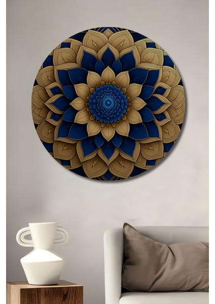 Altın Çiçekler ve Mavi Zarafet Dekoratif Ahşap Ev/işyeri/ofis Yuvarlak Tablo