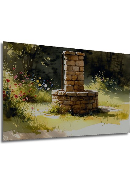 Taş Kuyu Sulu Boya Görünümlü Bahar Rüyası Dekoratif Ahşap Ev/işyeri/ofis Kare Tablo modelleri