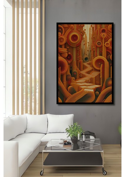 Çerçeve Görünümlü Sarmal Şehir Labirenti Yağlı Boya Görünümlü Dekoratif Ahşap Ofis Kare Tablo