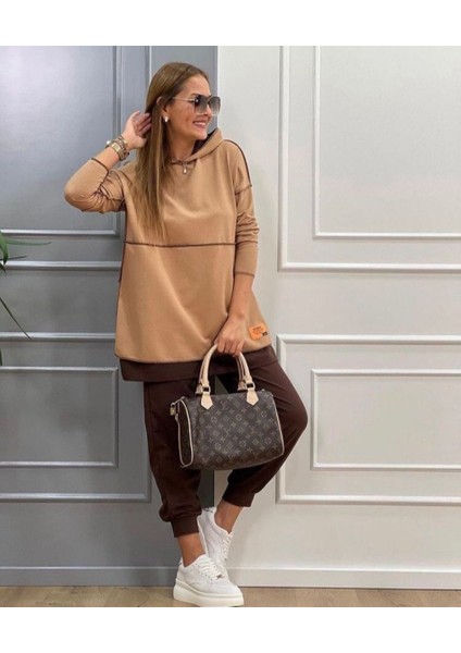 Kadın Kahve Kapşonlu Etek Ucu Detay Arma Ters Dikiş Gorunumlu Ikili Takım modelleri