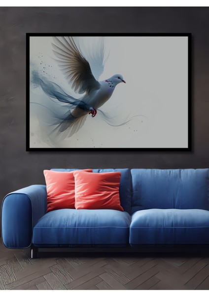Çerçeve Görünümlü Uçan Beyaz Güvercin Sulu Boya Görünümlü Dekoratif Ahşap Ev/işyeri/ofis Kare Tablo