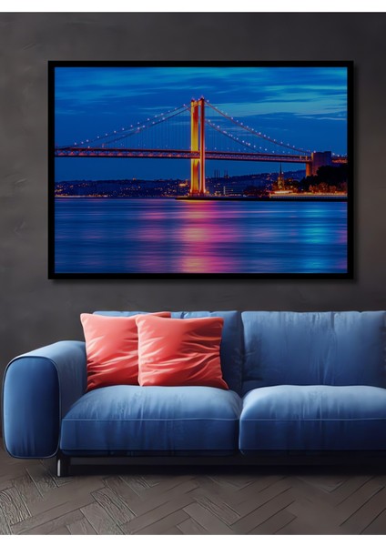 Çerçeve Görünümlü Muhteşem Köprü Gece Işıkları Yağlı Boya Görünümlü Dekoratif Ahşap Ofis Kare Tablo