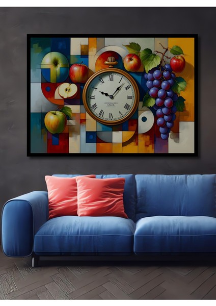 Çerçeve Görünümlü Elma Üzüm Saat Yağlı Boya Görünümlü Modern Sanat Dekoratif Ahşap Ofis Kare Tablo