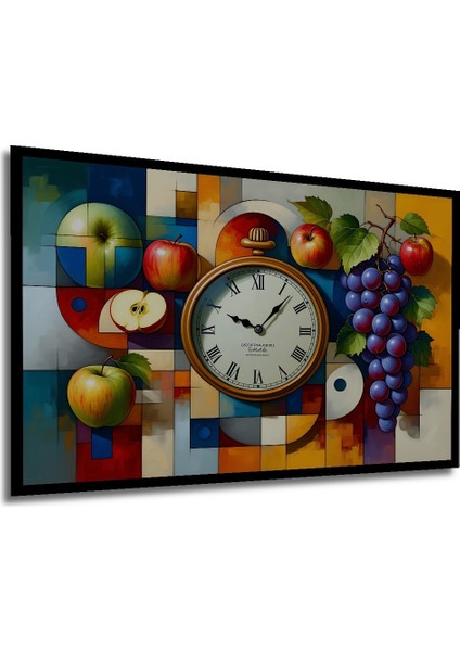 Çerçeve Görünümlü Elma Üzüm Saat Yağlı Boya Görünümlü Modern Sanat Dekoratif Ahşap Ofis Kare Tablo modelleri