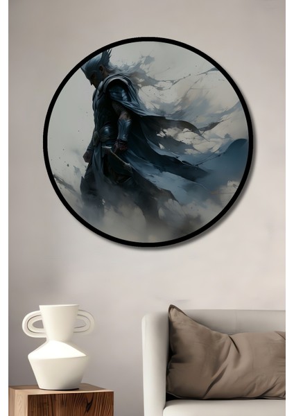 Çerçeve Görünümlü Thor Efsanevi Savaşçı Yağlı Boya Görünümlü Dekoratif Ahşap Ofis Yuvarlak Tablo