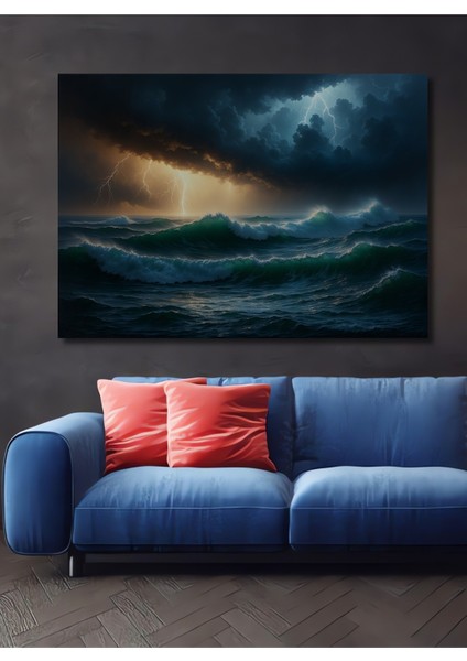 Fırtınalı Deniz Manzarası Yağlı Boya Görünümlü Dekoratif Ahşap Ev/işyeri/ofis Kare Tablo