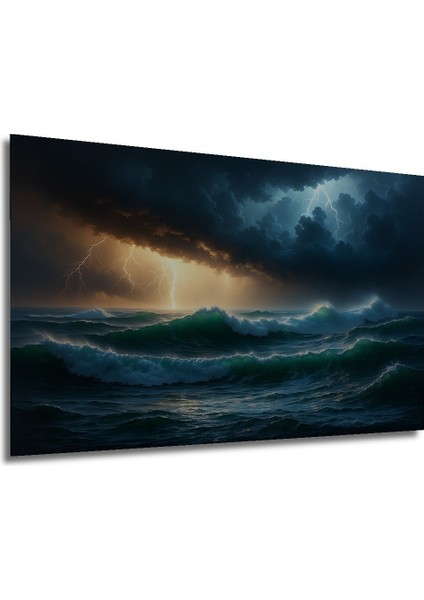 Fırtınalı Deniz Manzarası Yağlı Boya Görünümlü Dekoratif Ahşap Ev/işyeri/ofis Kare Tablo modelleri