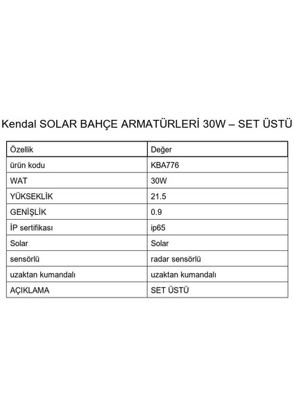 Solar Bahçe Armatürleri 30W – Set Üstü fiyatları
