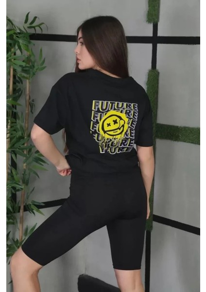 Unisex Bisiklet Yaka Baskılı Oversize T-Shirt - Siyah fiyatları