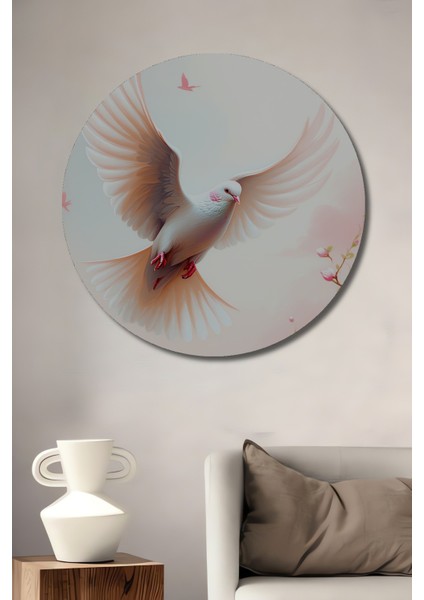 Uçan Beyaz Güvercin Yağlı Boya Görünümlü Dekoratif Ahşap Ev/işyeri/ofis Yuvarlak Tablo